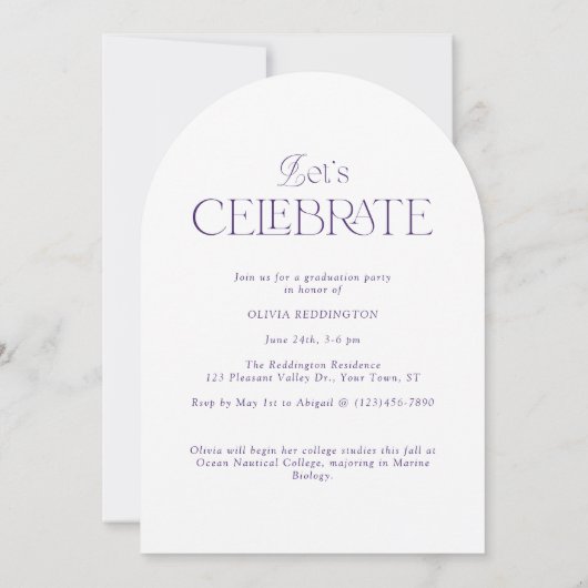 Moderne Minimal Foto Arch Lila Graduation Party Einladung (Rückseite)