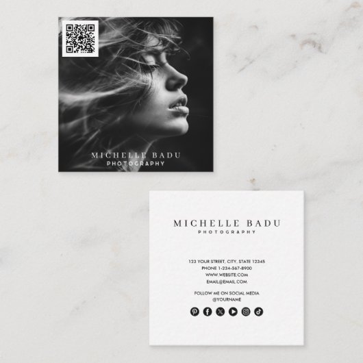 Moderne Minimal Foto QR Code Social Media Quadratische Visitenkarte (Vorne/Hinten)