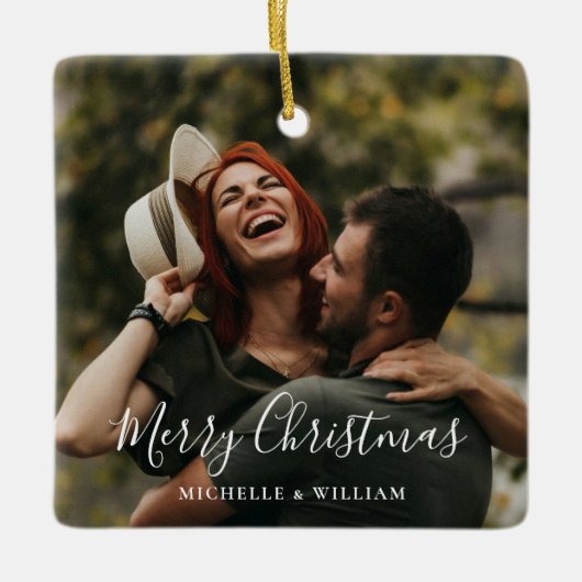 Moderne Minimal Foto Weihnachtsschrift Keramikornament (Vorderseite)