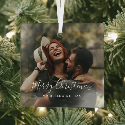 Moderne Minimal Foto Weihnachtsschrift Ornament Aus Glas (Insitu)