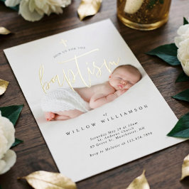 Moderne Minimal Gold Calligraphy Baby Foto Taufe Folieneinladung