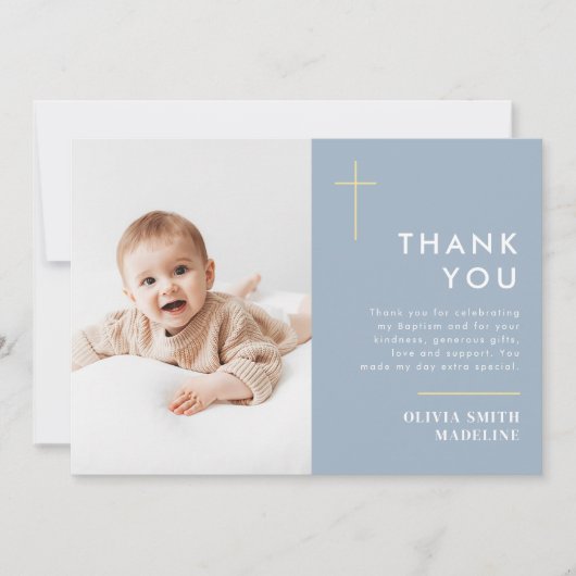 Moderne Minimal Gold Cross Foto Taufe Dankeskarte (Vorderseite)