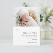 Moderne Minimal Gold Cross Foto Taufe Dankeskarte (Stehend Vorderseite)