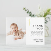 Moderne Minimal Gold Cross Foto Taufe Dankeskarte (Stehend Vorderseite)