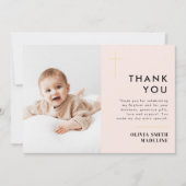 Moderne Minimal Gold Cross Foto Taufe Dankeskarte (Vorderseite)