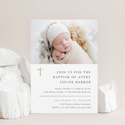 Moderne Minimal Gold Cross Foto Taufe Einladung