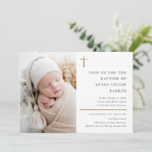 Moderne Minimal Gold Cross Foto Taufe Einladung (Stehend Vorderseite)