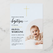 Moderne Minimal Gold Cross Foto Taufe Folieneinladung (Vorderseite)