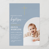 Moderne Minimal Gold Cross Foto Taufe Folieneinladung (Vorderseite)