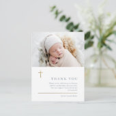 Moderne Minimal Gold Cross Foto Taufe Vielen Dank Postkarte (Stehend Vorderseite)