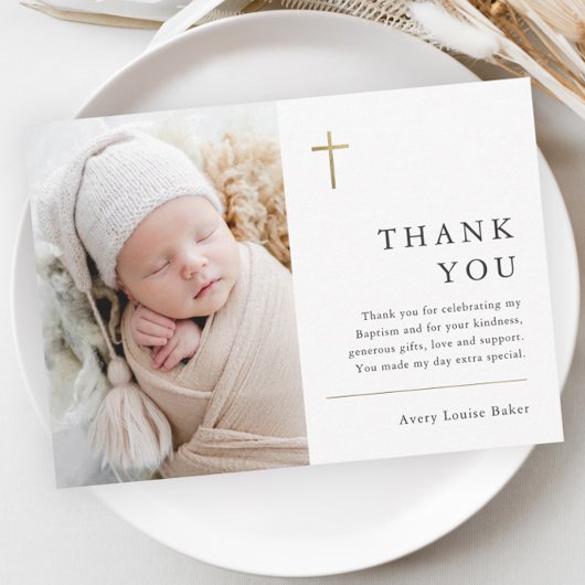 Moderne Minimal Gold Cross Foto Taufe Vielen Dank Postkarte