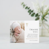 Moderne Minimal Gold Cross Foto Taufe Vielen Dank Postkarte (Stehend Vorderseite)