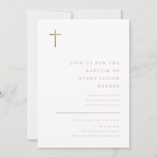Moderne Minimal Gold Cross Taufe Einladung (Vorderseite)
