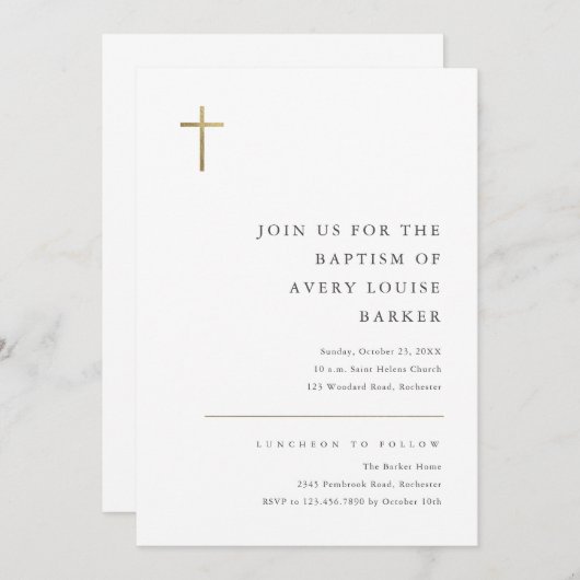 Moderne Minimal Gold Cross Taufe Einladung (Vorne/Hinten)