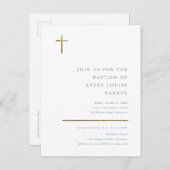 Moderne Minimal Gold Cross Taufe Einladungspostkarte (Vorne/Hinten)