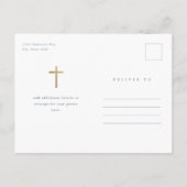 Moderne Minimal Gold Cross Taufe Einladungspostkarte (Rückseite)