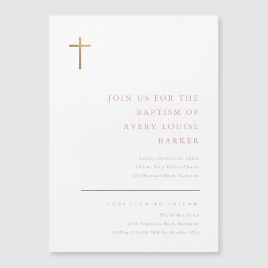 Moderne Minimal Gold Cross Taufe Magneteinladung (Vorderseite)