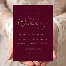 Moderne Minimal Gold Script Burgundy Wedding Einladung
