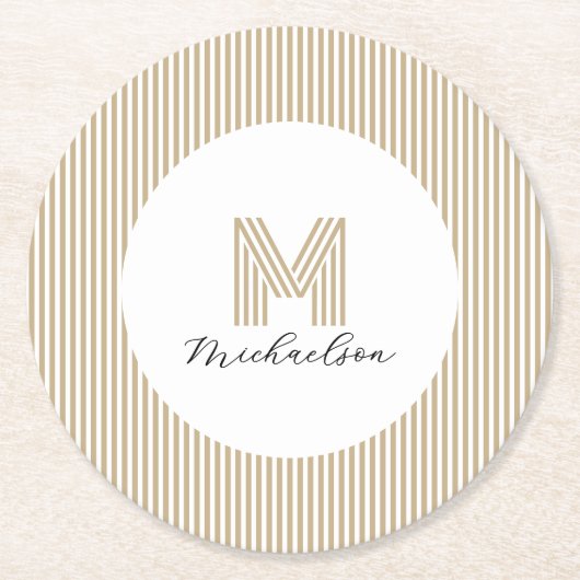 Moderne Minimal Gold Streifen Monogramm Runder Pappuntersetzer (Vorderseite)