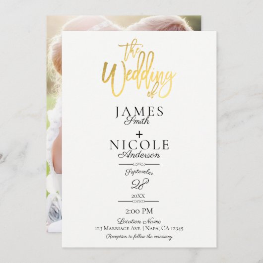 Moderne Minimal Goldfolie Full Foto Back Wedding Einladung (Vorne/Hinten)