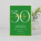 Moderne Minimal Green 30 Script Geburtstag Folieneinladung (Stehend vorne)