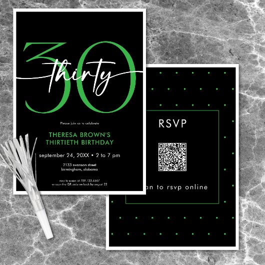 Moderne Minimal Green 30 Script Geburtstag QR Einladung