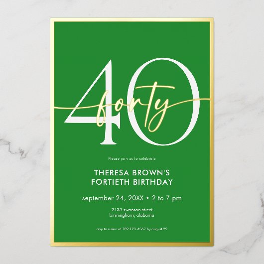 Moderne Minimal Green 40 Script Geburtstag Folieneinladung (Vorderseite)