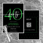 Moderne Minimal Green 40 Script Geburtstag QR Einladung<br><div class="desc">Die moderne und schicke Einladung zum Geburtstag verbindet klassisches Schwarz und Weiß mit Akzenten hellen Kalkgrüns. Es ist minimales Design ist ein einfaches und lustiges Design, um den Meilenstein Geburtstag zu feiern. Auf der Rückseite befindet sich ein Bereich für einen QR-Code für die Reaktion der UAWG. Erstellt von der einfachen...</div>