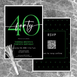 Moderne Minimal Green 40 Script Geburtstag QR Einladung