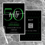 Moderne Minimal Green 50 Script Geburtstag QR Einladung<br><div class="desc">Die moderne und schicke Einladung zum Geburtstag verbindet klassisches Schwarz und Weiß mit Akzenten hellen Kalkgrüns. Es ist minimales Design ist ein einfaches und lustiges Design, um den Meilenstein Geburtstag zu feiern. Auf der Rückseite befindet sich ein Bereich für einen QR-Code für die Reaktion der UAWG. Erstellt von der einfachen...</div>
