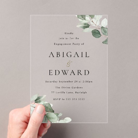 Moderne Minimal Green Leaf Engagement Party Acryleinladungen (Insitu (Handheld))