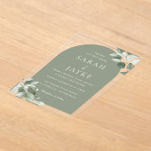 Moderne Minimal Green Leaf Sage Arch Wedding Acryleinladungen (Ablage )