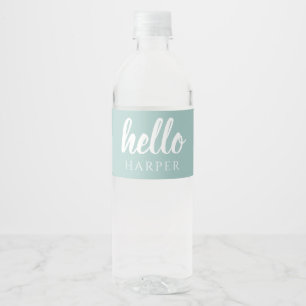 Moderne Minimal Grüne Und Weiße Hallo Und Du Name Wasserflaschenetikett