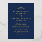 Moderne Minimal-Hochzeit von Marine und Gold Folieneinladung (Vorderseite)