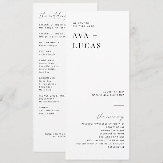 Moderne Minimal-Hochzeitfeier Programm (Vorne/Hinten)