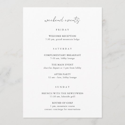 Moderne Minimal-Hochzeitserklärung & Reiseroute Programm (Rückseite)