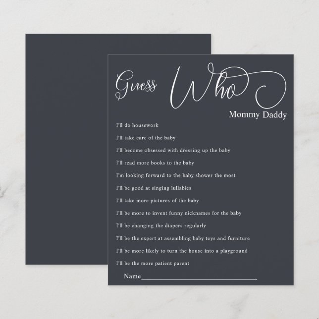 Moderne Minimal-Kalligrafie Baby-Dusche raten, wer (Vorne/Hinten)