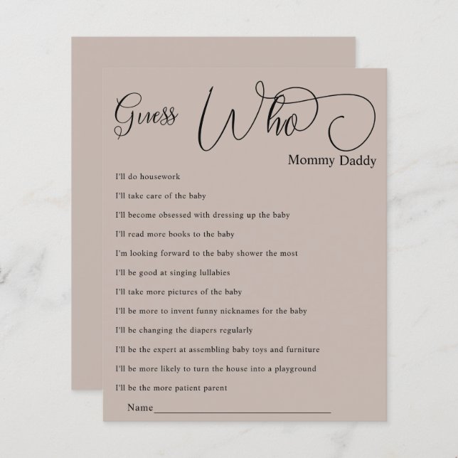 Moderne Minimal-Kalligrafie Baby-Dusche raten, wer (Vorne/Hinten)