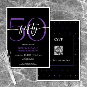 Moderne Minimal Lila 50 Script Geburtstag QR Einladung