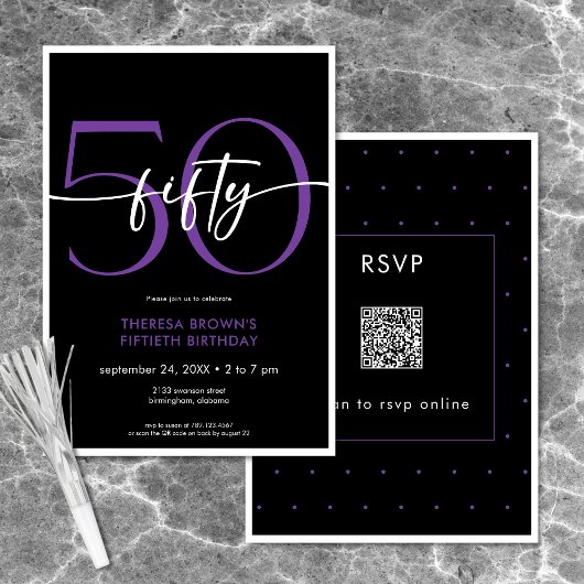 Moderne Minimal Lila 50 Script Geburtstag QR Einladung