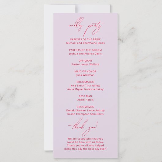 Moderne Minimal Lila- und Magenta-Hochzeitsprogram (Rückseite)