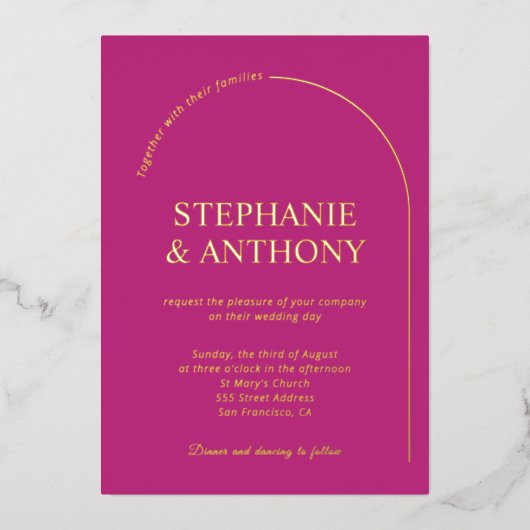 Moderne Minimal Magenta mit Arch Wedding Folieneinladung (Vorderseite)