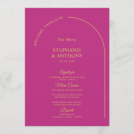 Moderne Minimal Magenta mit Arch Wedding Menükarte