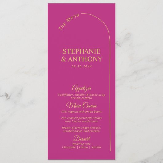 Moderne Minimal Magenta mit Arch Wedding Menükarte (Vorderseite)