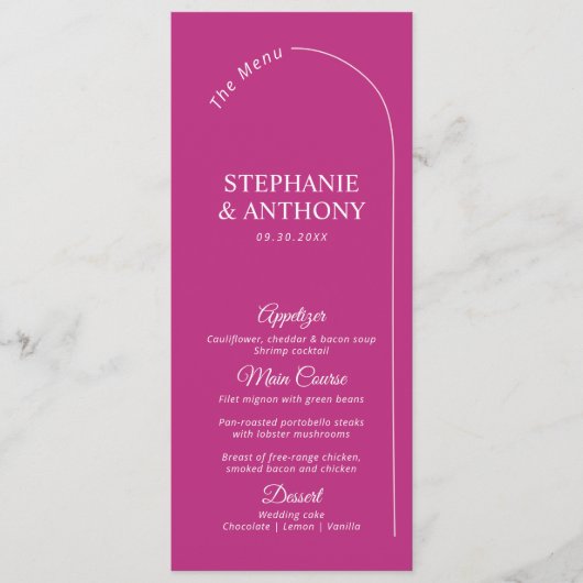 Moderne Minimal Magenta mit Arch Wedding Menükarte (Vorderseite)