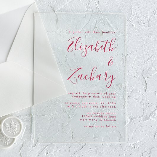 Moderne Minimal Magenta Script Hochzeit Acryleinladungen