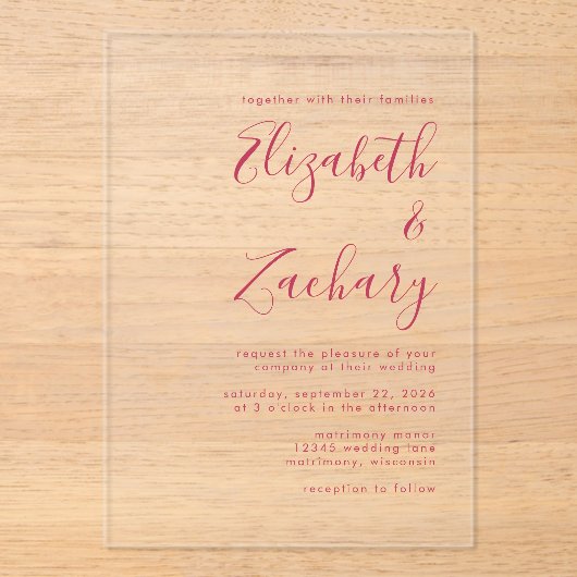 Moderne Minimal Magenta Script Hochzeit Acryleinladungen (Vorderseite)