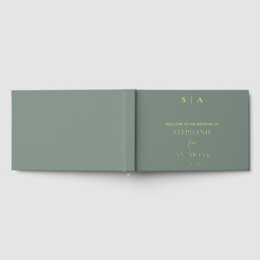 Moderne Minimal Mongram Sage Green Foil Wedding Gästebuch (Voll)