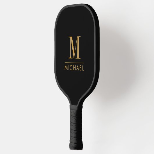 Moderne Minimal Monogram Gold Name Custom Black Pickleball Schläger (Links)