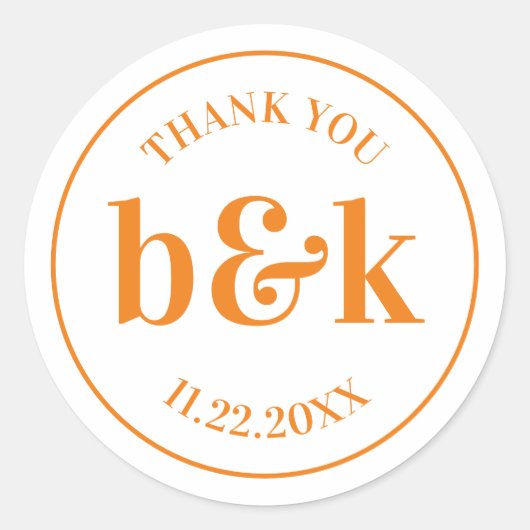 Moderne Minimal Monogram Initials Orange Wedding C Runder Aufkleber (Vorderseite)